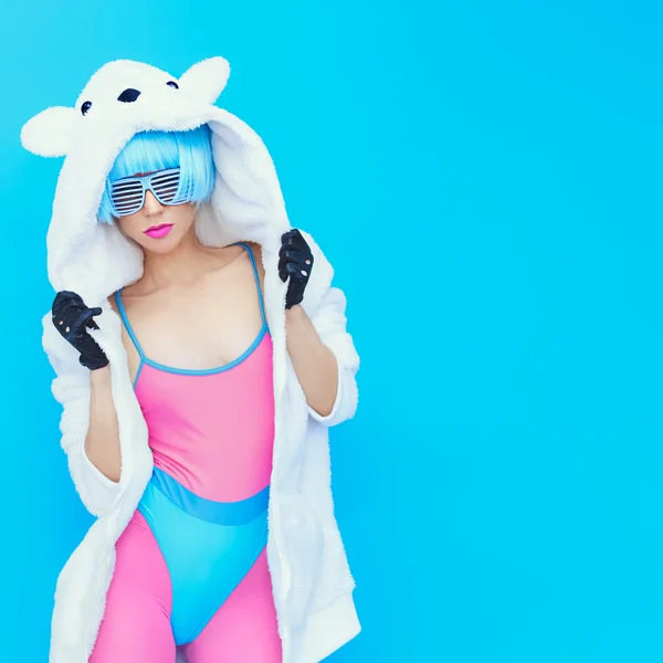 Teddy bear girl on a blue background. Crazy winter party. Club d
