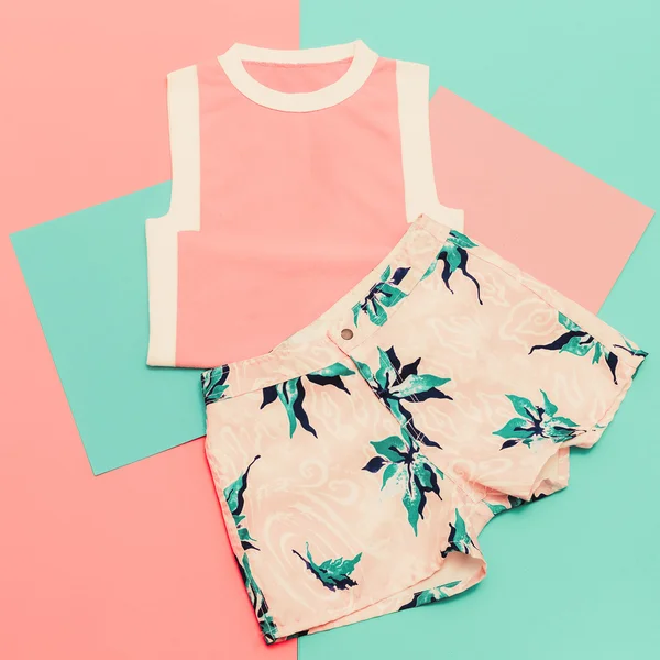 Lady set. Vanilla summer style. Trendy T-shirt and shorts.