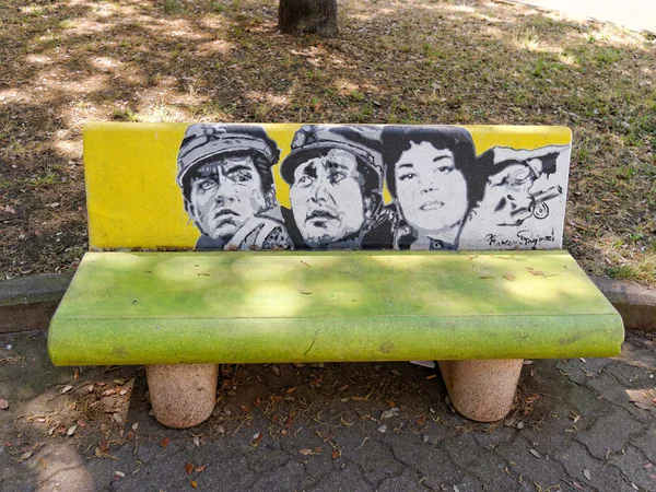 VIAREGGIO, ITALY - July 23:   Paintings on benches during the su