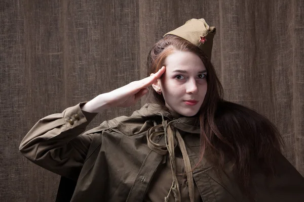 Woman in Russian military uniform. Female soldier during the second world war.