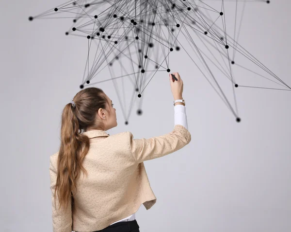 Worldwide network or wireless internet connection futuristic concept. Woman working with linked dots.