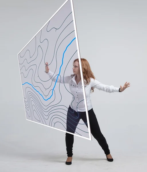 Geographic information systems concept, woman scientist working with futuristic GIS interface on a transparent screen.