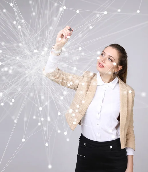 Worldwide network or wireless internet connection futuristic concept. Woman working with linked dots.