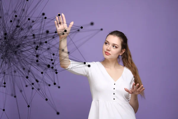 Worldwide network or wireless internet connection futuristic concept. Woman working with linked dots.