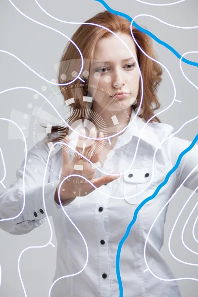 Geographic information systems concept, woman scientist working with futuristic GIS interface on a transparent screen.