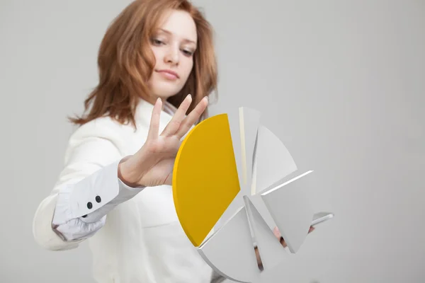 Woman shows a pie chart, circle diagram. Business analytics concept.