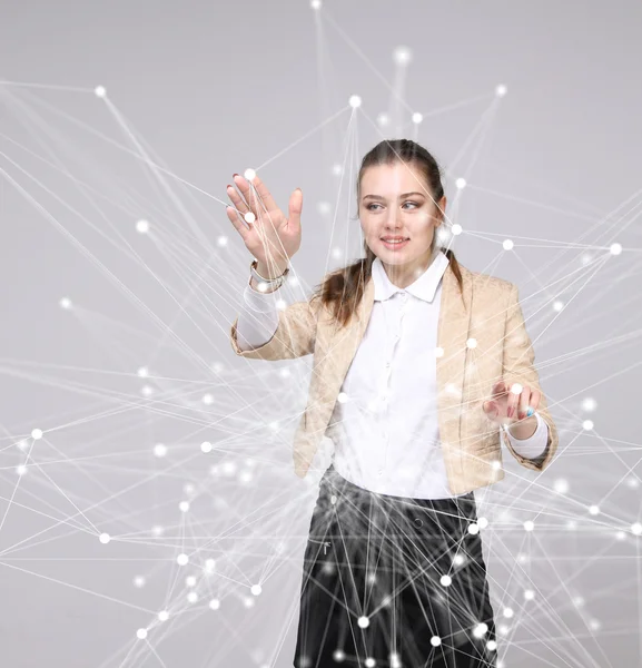 Worldwide network or wireless internet connection futuristic concept. Woman working with linked dots.