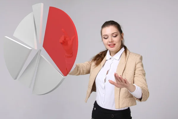 Woman shows a pie chart, circle diagram. Business analytics concept.