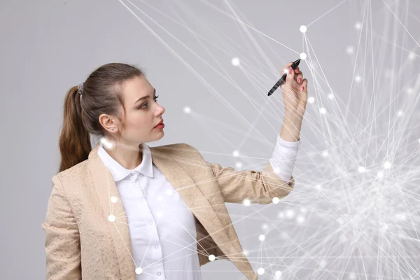 Worldwide network or wireless internet connection futuristic concept. Woman working with linked dots.