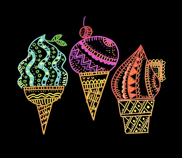 Colorful ice-cream. hand drawn color line illustration on black