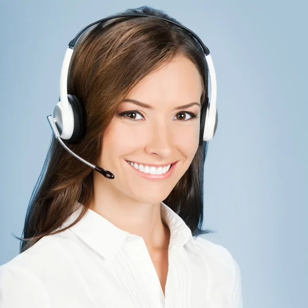 Support phone operator in headset, on blue