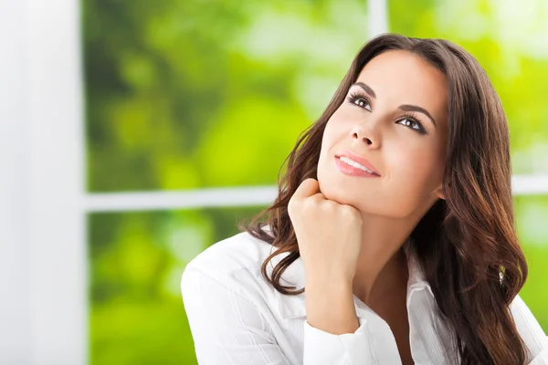 Thinking smiling attractive brunette businesswoman