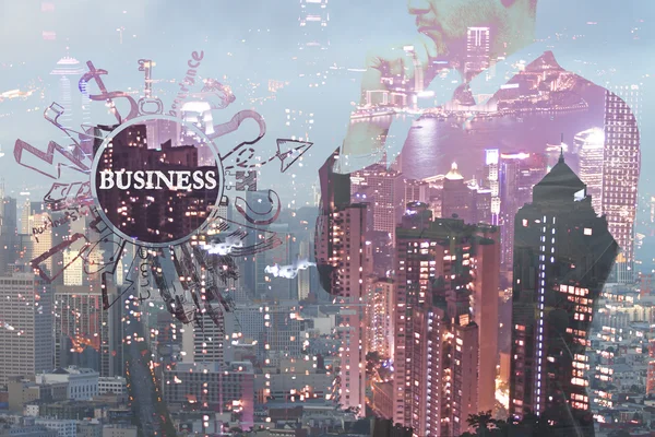 Business concept with thoughtful businessman and sketch on city background. Double exposure