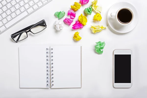 Messy desk with items