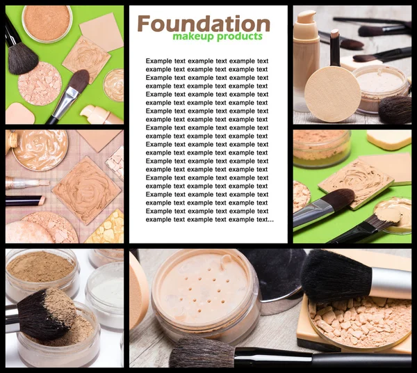 Foundation makeup products collage with copy space