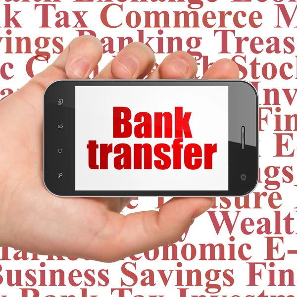 Money concept: Hand Holding Smartphone with Bank Transfer on display