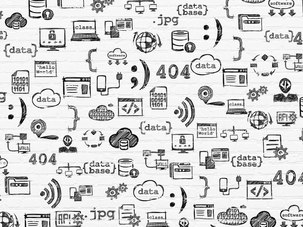 Grunge background: White Brick wall texture with  Hand Drawn Programming Icons