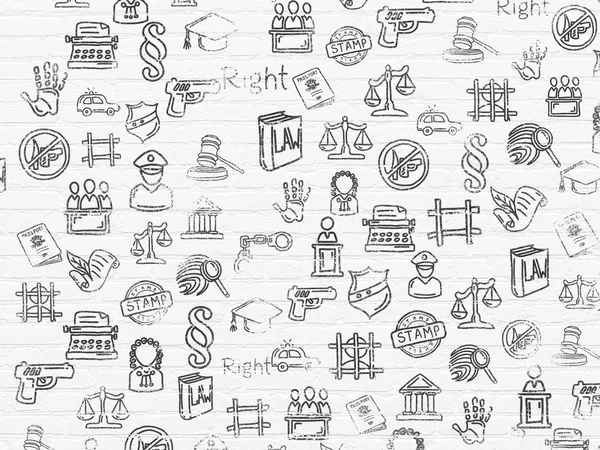 Grunge background: White Brick wall texture with Painted Hand Drawn Law Icons