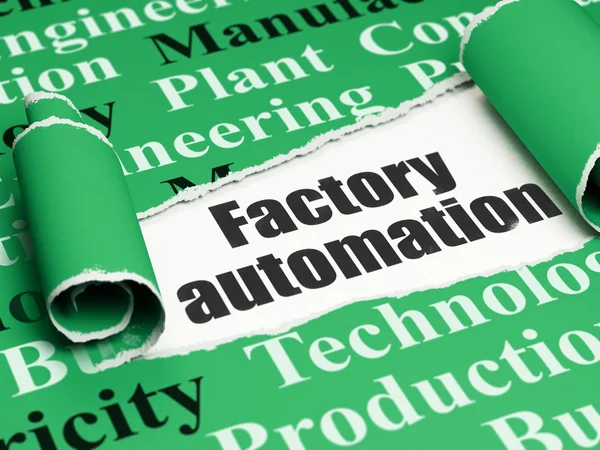 Manufacuring concept: black text Factory Automation under the piece of  torn paper