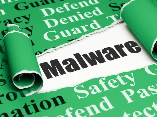 Safety concept: black text Malware under the piece of  torn paper