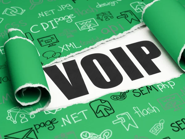 Web development concept: black text VOIP under the piece of  torn paper