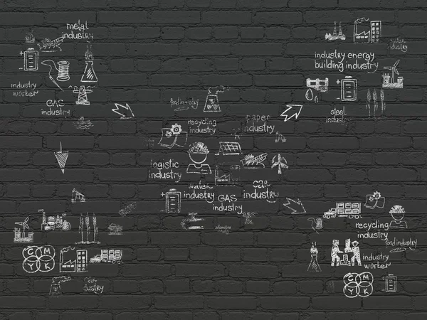 Grunge background: Black Brick wall texture with Painted Hand Drawn Industry Icons