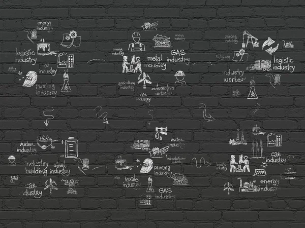 Grunge background: Black Brick wall texture with Painted Hand Drawn Industry Icons