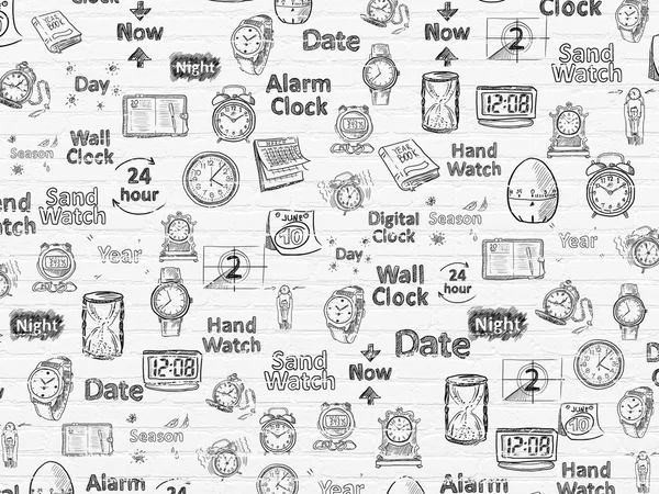 Grunge background: White Brick wall texture with  Hand Drawing Time Icons