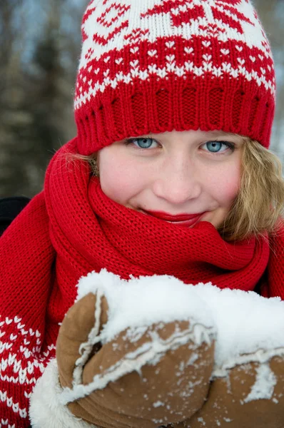 Beautiful blond girl.Traditional   Christmas decorative knitted pattern in Scandinavian style