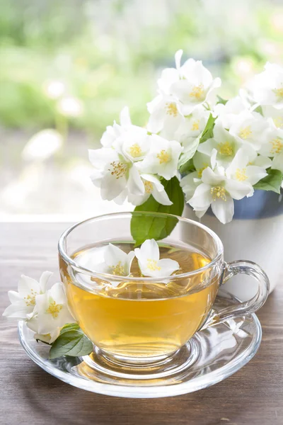 Cup of tea with jasmine and blooming jasmine branch