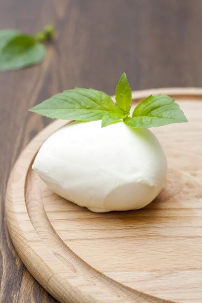 Mozzarella with herbs on a round wooden board