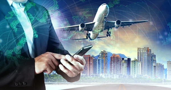 Business man touching on smart phone and air plane flying mid ai