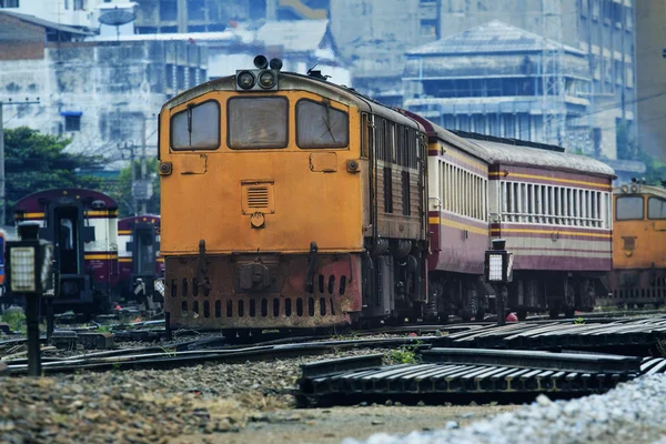 Front view of old diesel trains running junction of railroads tr