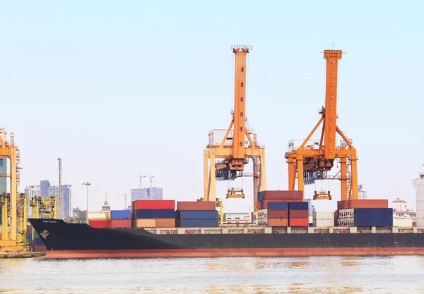 Industry container ship on port for import export goods trading and shipping business