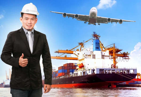 Business man and comercial ship with container on port freight c