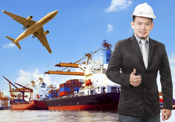 Working man and commercial ship on port and air cargo plane flyi