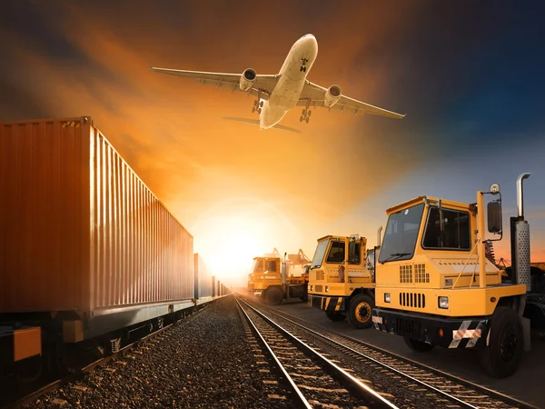 Industry container trainst running on railways track plane cargo