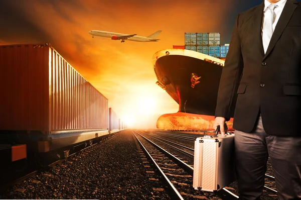 Investor and container trains ,commercial ship on port freight c