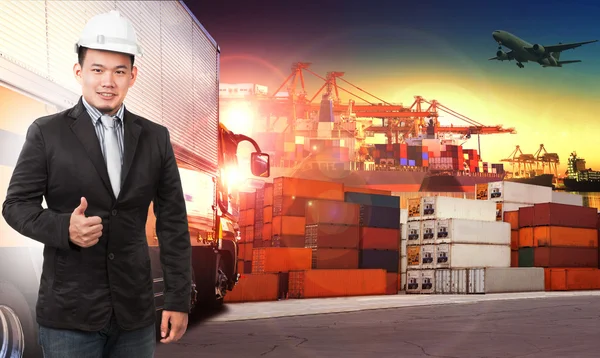 Business man and comercial ship with container on port use for i