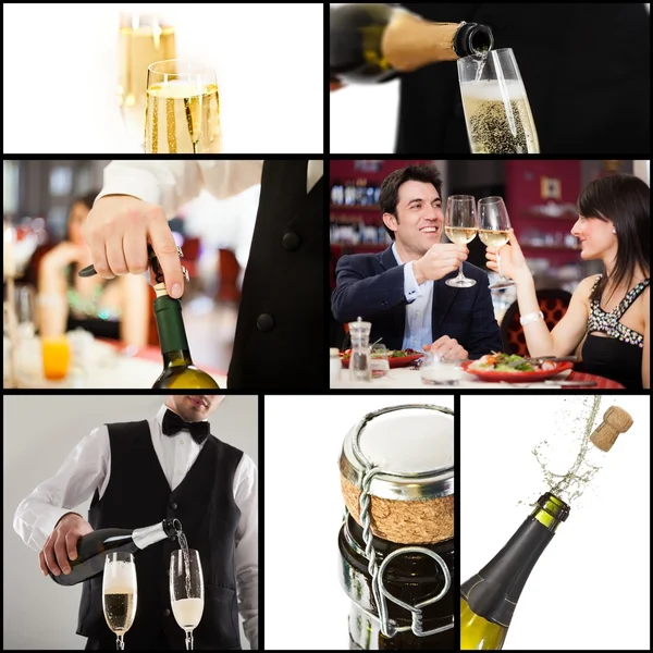 Collage of champagne and people in restaurant