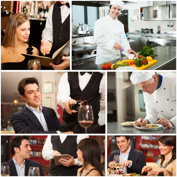 Chefs, waiters and customers in restaurant