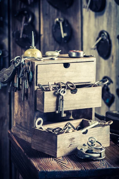 Vintage locksmiths workshop with ancient tools