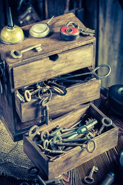 Tools to repair in vintage locksmiths workshop