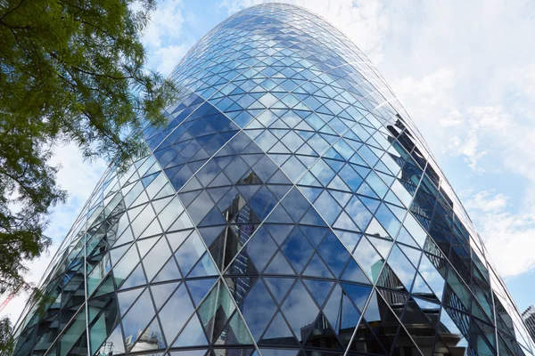 30 St Mary Axe building or Gherkin and tree branch in the morning with blue sky in London