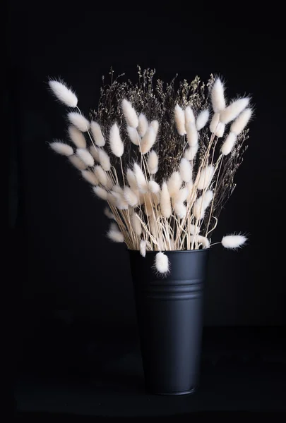 Still life white dry flower bouquet in black enamel vase on dark