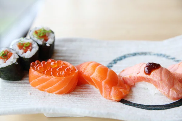 Japanese food salmon sushi set with salmon maki salmon sushi and