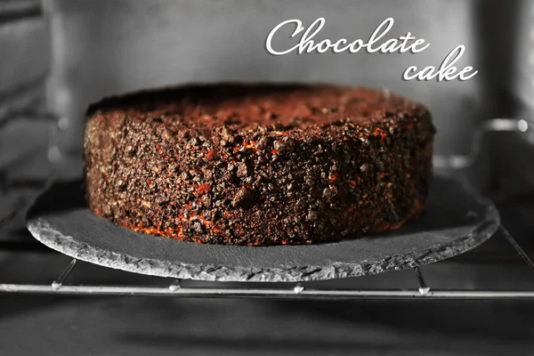 Chocolate cake in oven, close up