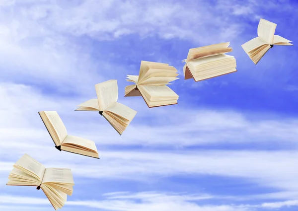 Flying books on cloudy sky