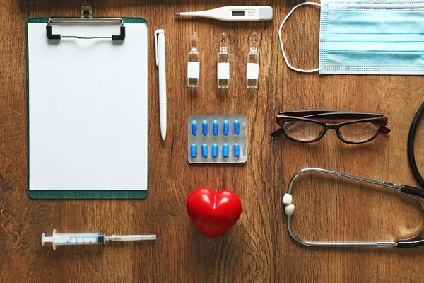 Doctor table with medical items