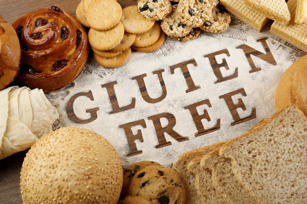 Text GLUTEN FREE with bakery products